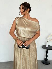 Firerie Women's Gold Asymmetric Shoulder Ruched Waist A-Line Elegant Romantic Dress, Suitable For Holidays, Parties, Daily Commute, Valentine's Day, Concerts, Graduations, Teacher's Day, Back To School And Other Occasions - Gold - View 5