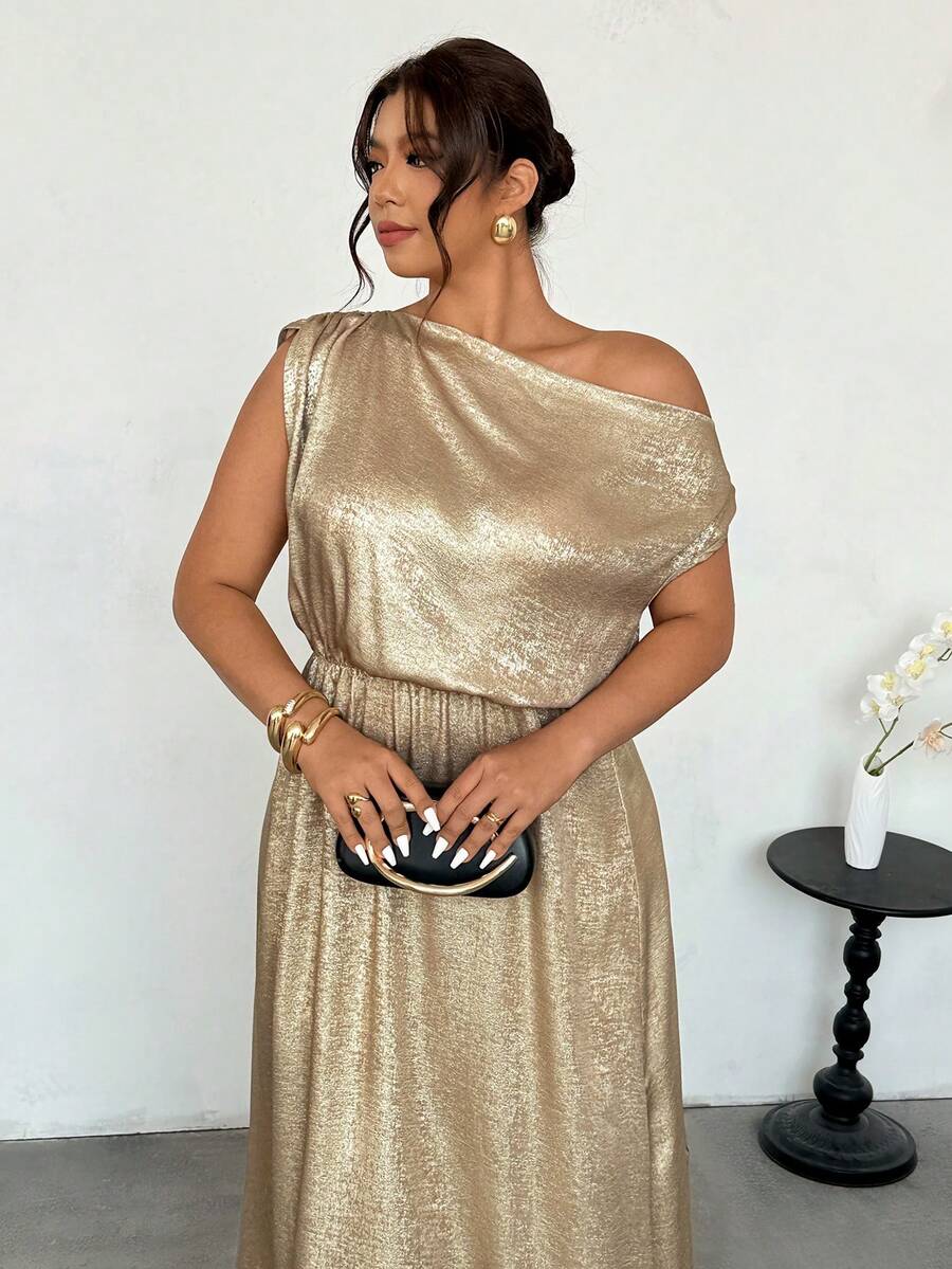 Firerie 女士金色不对称肩部褶皱腰身A字优雅浪漫连衣裙，适合度假、派对、日常通勤、情人节、音乐会、毕业典礼、教师节、返校季等各种场合。 - 金色 - 查看 1