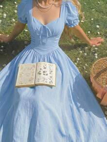 SHEIN MOD 女士优雅短袖中长连衣裙，扭结心形领口 - 藍色 - 查看 3