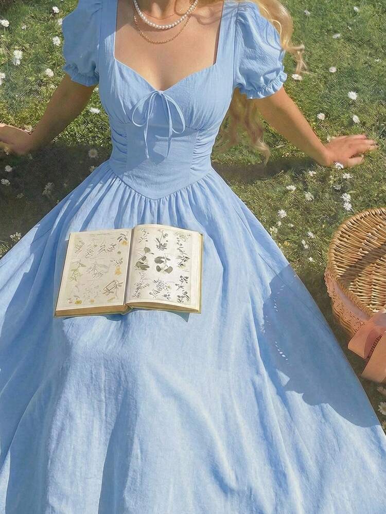 SHEIN MOD Vestido midi elegante de manga corta para mujer con escote en forma de corazón retorcido - Azul - Añade 3