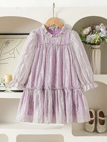 Vintaside Kids Đầm công chúa dáng rộng thanh lịch cho bé gái, cổ bèo nhún, tay phồng, thêu họa tiết và viền hai lớp, thích hợp cho kỳ nghỉ, du lịch, dự tiệc, làm quà tặng, mùa xuân và mùa thu. - Màu tím - Xem 5