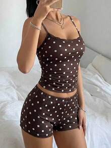 SHEIN EZwear 女士休闲蕾丝拼接波点吊带背心和短裤套装 - 咖啡棕 - 查看 2