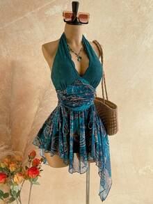 Soleia 女士度假沙滩蕾丝拼接佩斯利印花露背迷你连衣裙 - 綠色 - 查看 6