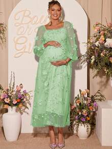 Loomaby Vestido de maternidad elegante con cuello redondo y mangas farol con decoración floral para mujeres embarazadas - Verde - Ver 4