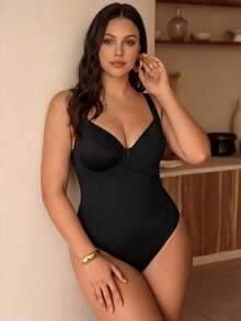 Swim Chiccia 大码女士纯色时尚连体泳衣 - 黑色 - 查看 3