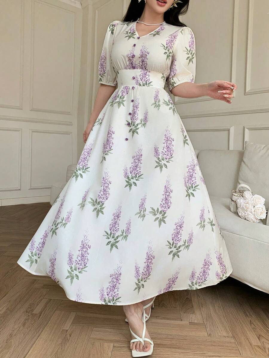 Feyla Đầm nghỉ mát cổ chữ V, eo nhún bèo, họa tiết hoa nhí, tay phồng, thanh lịch và tôn dáng, hàng mới về. - Nhiều màu - Xem 1