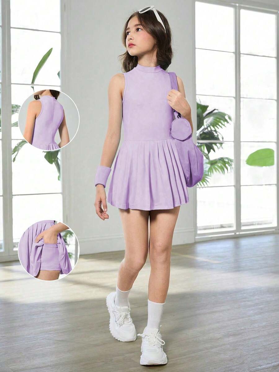 少女户外连体衣,隐形拉链,防闪光,适合跑步、健身、篮球、足球、网球、羽毛球等运动。 - 紫色 - 查看 1