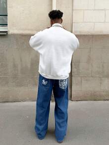 Heavens Edit Men's Casual Everyday Letter Print Loose Wide-Leg Jeans - Medium Wash - View 6