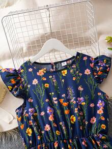 SHEIN 碎花印花短袖收腰连衣裙，适合少女度假、日常休闲穿着 - 藏蓝色 - 查看 4