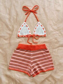 Soleia Spring & Summer Casual Vacation Western Beach Wedding Guest Attire, Graduation Brunch, St. Patrick's Day Spring Break, Easter Music Festival, Elegant Boho Tropical Chic Blue Striped Knit 2 Pieces Set - Orange - View 2