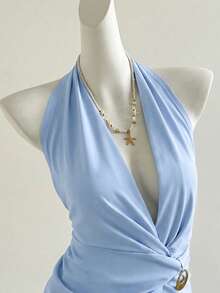 Sweetra European And American Style Solid Color Halter Neck Dress, New Arrival Summer Sexy Backless Fitted Slim Dress - Blue - View 3