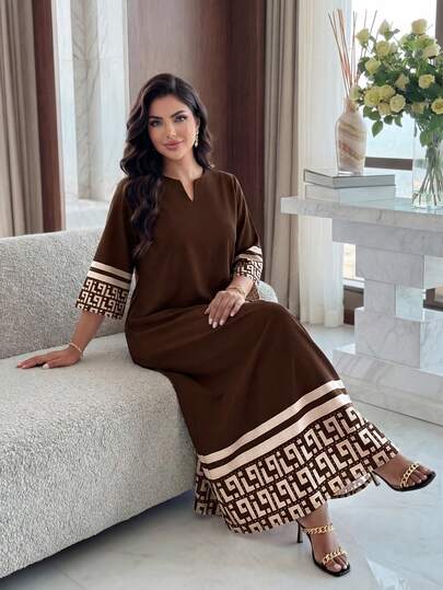 SHEIN Lady 春夏秋冬大码缺口V领梭织黑色宽袖经典惠子条纹印花大码长袍连衣裙