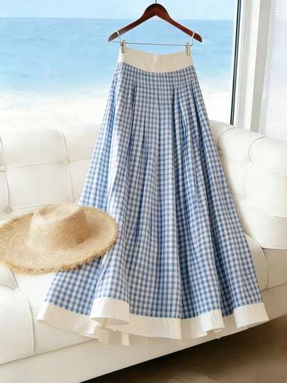 Franclia 蓝白格子高腰喇叭裙