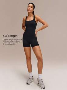 GLOWMODE 4.3英寸超细柔软无缝透气罗纹腰部压缩片可拆卸胸垫提臀工字背短款连体衣，适合训练、跑步、健身房、瑜伽、日常运动穿着 - 黑色 - 查看 3