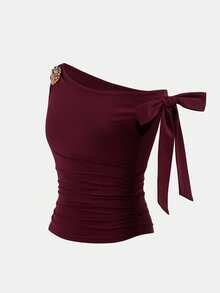 SHEIN 少女时尚优雅无袖不对称肩部上衣 - 酒紅色 - 查看 3