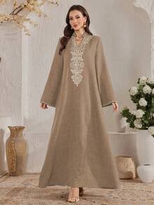 Al Najma Stand Collar Embroidered Floral Decor Dress, Elegant Style - Brown - View 4