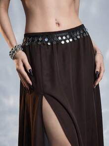 ROMWE Vacation Outfit Ocean Shell Pendant Side Slit Skirt For Women - Brown - View 2