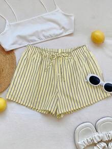 SHEIN EZwear Quần short ống rộng dệt sọc vàng dành cho nữ - Màu vàng - Xem 4