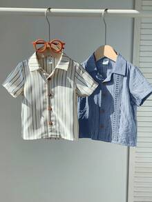 SHEIN 2pcs/Set Unisex Baby Boy Casual Vacation Woven Short Sleeve Shirt, Spring/Summer Baby Clothes - Multicolor - View 7