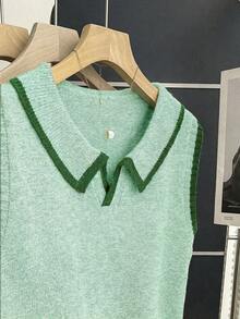 SHEIN LUNE Sage Green Knitted Vest,Polo Collar Half-Button Design,Contrast Trim Sleeveless Soft Ribbed Knit Top,Autumn Casual School Back-To-School Layering - Mint Green - View 7