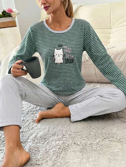 EURMUSE 100%Cotton Women's Cartoon Pattern Striped T-Shirt + Solid Colored Pants Homewear Set