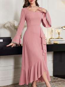 Modelyn Women's Extra Long Flared Sleeve Asymmetrical Ruffle Hem Dress, Autumn,Dusty Pink Dress Elegant Dress For Women Flare Sleeve Dress Dress For Women High Quality Dress Zanea Dress For Woman Ruffle Sleeve Dress Long Sleeve Dress Women Dress Wedding Dinner - Pink - View 5