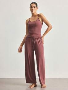 Ocili 2pcs Camisole & Drawstring Pants, Comfortable Soft Minimalist Pajama Bottoms, Women Sleepwear Set - Burgundy - View 4