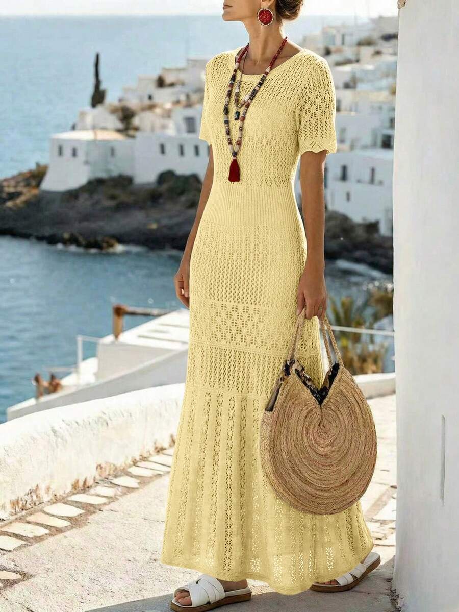 Breezaya 2026春夏新款欧美风性感修身腰部休闲度假日常户外女士浪漫海滩派对晚宴海边针织米色女式毛衣连衣裙，镂空慵懒舒适 - 奶油色 - 查看 1