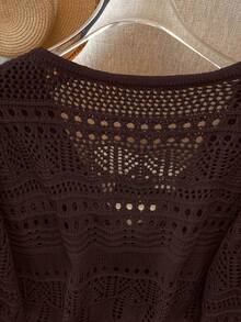 Franclia New Solid Color Hollow Crochet Lace Lightweight Cardigan, Versatile Outerwear For Women - Coffee Brown - View 5
