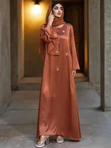 Layrah Orange Handmade Beaded Maxi Dress With Headscarf Butterfly Abaya Satin Dress For Evening Party - Coral Orange - View 6