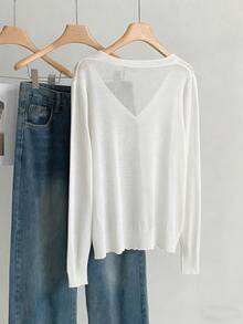 Calvaya Plus Size Women V-Neck Single-Breasted Casual Versatile Daily Wear Long Sleeve Cardigan Fall - White - View 2