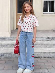 Genkimix Kids Teen Girls Blue Summer Cute Jeans,High-Waisted Wide Leg Baggy Denim Pants With Cherry Embroidery,Y2K Casual Holiday Back-To-School Retro Street Style - Light Wash - View 10