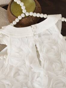 SHEIN Elladie kids 女童3D网纱碎花连衣裙，女童甜美蝴蝶结休闲宽松吊带连衣裙，女童夏季无袖公主裙，适合日常或度假穿着 - 白色 - 查看 6