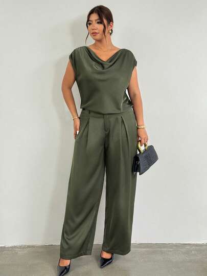 Firerie 女士优雅垂褶领泡泡袖缎面衬衫长裤套装，绿色，春夏装，适合约会、婚礼、通勤、毕业典礼、教师装、返校季等场合，优雅、通勤、约会、婚礼季、毕业典礼、舞会、演出、音乐会、工作制服，舒适、高贵，女士两件套