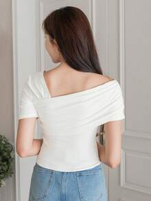 Women Summer Asymmetrical Collar Pleated Plain Short Sleeve T-Shirt,Crop Tops Women - White - View 7