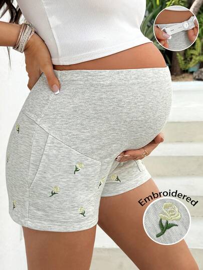 SHEIN Szorty ciążowe z regulowanym pasem i haftem kwiatowym, idealne na wakacje i codzienne dojazdy do pracy