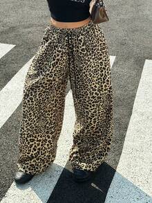 SHEIN EZwear 加大码豹纹抽绳腰裤 - 棕色 - 查看 7