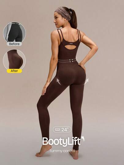 GLOWMODE 24" Ultrafine Soft Seamless Glow Ahead Ribbed Waist Removable Cups Sweetheart Neckline Bodysuit Medium Impact Training Running Workout Gym Wear