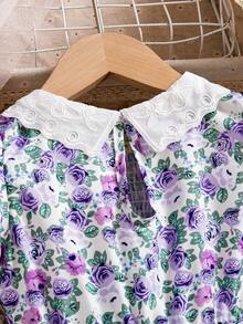 Young Girl' Summer Ditsy Floral Puff Sleeve Embroidered Ruffle Collar Princess Dress, Suitable For Summer Vacation And Countryside Style - Multicolor - View 4