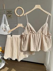 Comfortcana Conjunto informal de 2 piezas de color albaricoque, con camiseta de tirantes y pantalones cortos, talla grande, para verano - Albaricoque - Ver 2