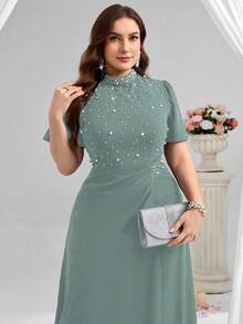 Coutiva Đầm dạ hội cỡ lớn dành cho nữ, cổ đứng, đính ngọc trai, thanh lịch, thắt eo. - Màu xanh Ô liu - Xem 7