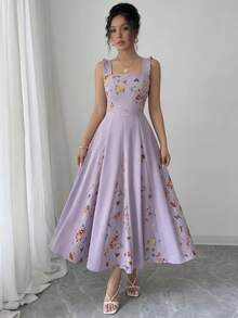 Elenzga Vestido de línea A con estampado de patchwork en la cintura para mujer, elegante para vacaciones, ir al trabajo y uso diario, sin mangas - Morado - Ver 5