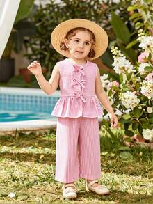 SHEIN Playful Pals 2件套女婴幼儿/新生儿0-3岁春夏休闲甜美日常度假条纹梭织无袖上衣和阔腿裤两件套 - 粉色 - 查看 8