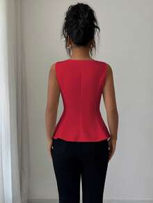 Elenzga 女士优雅方领无袖衬衫，适合办公室、通勤、下午茶、派对、度假、休闲穿着 - 紅色 - 查看 2