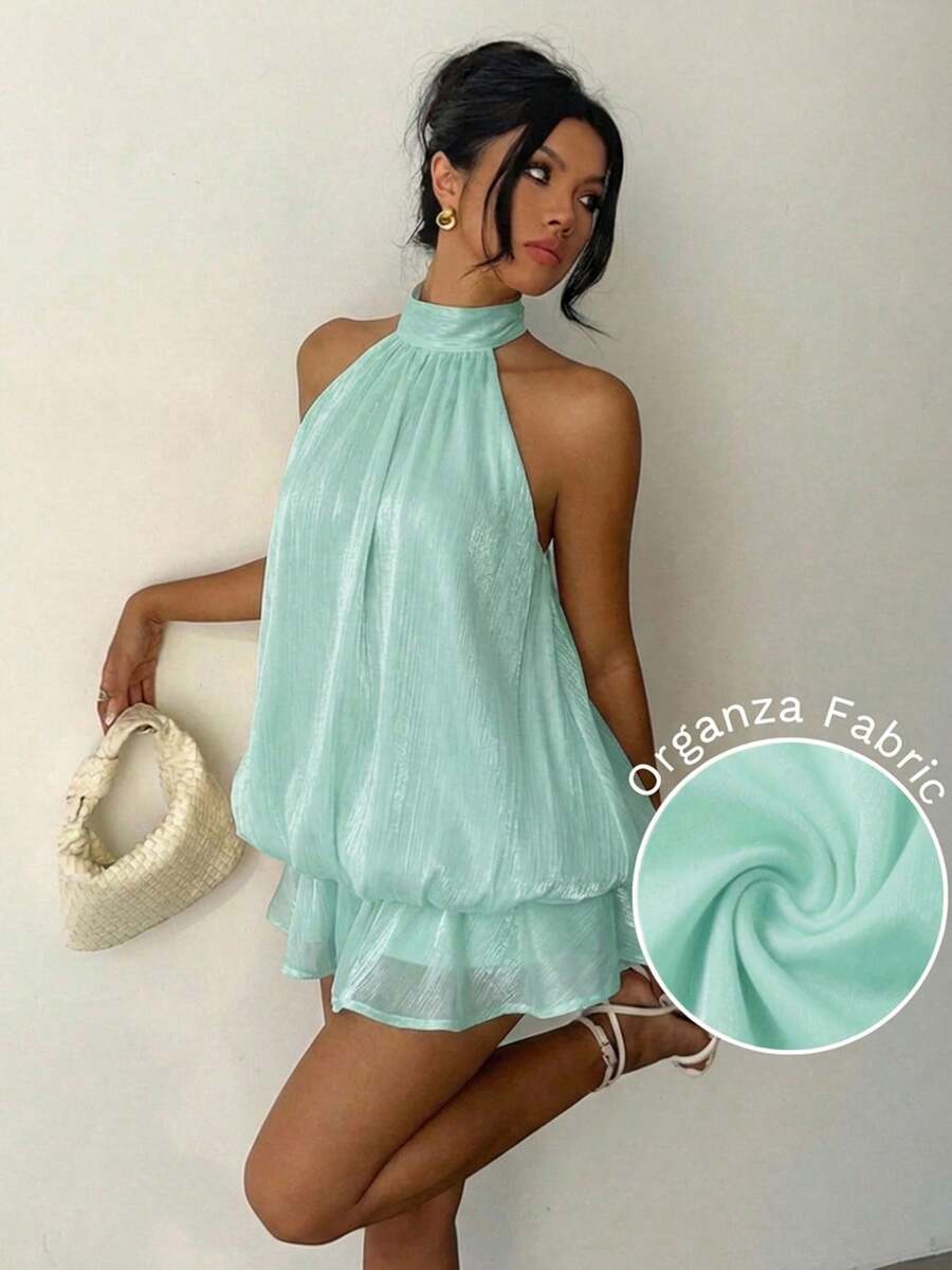 Aloruh Đầm ngắn cổ yếm màu vàng nhạt thanh lịch dành cho nữ - Màu xanh Bạc hà - Xem 1