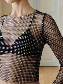 Anewsta High-End Design Black & Gold Rhinestone Mesh Long Sleeve Cropped Top, Mature Women's Theme Party Trendsetter Chic Outfit - Black - View 3