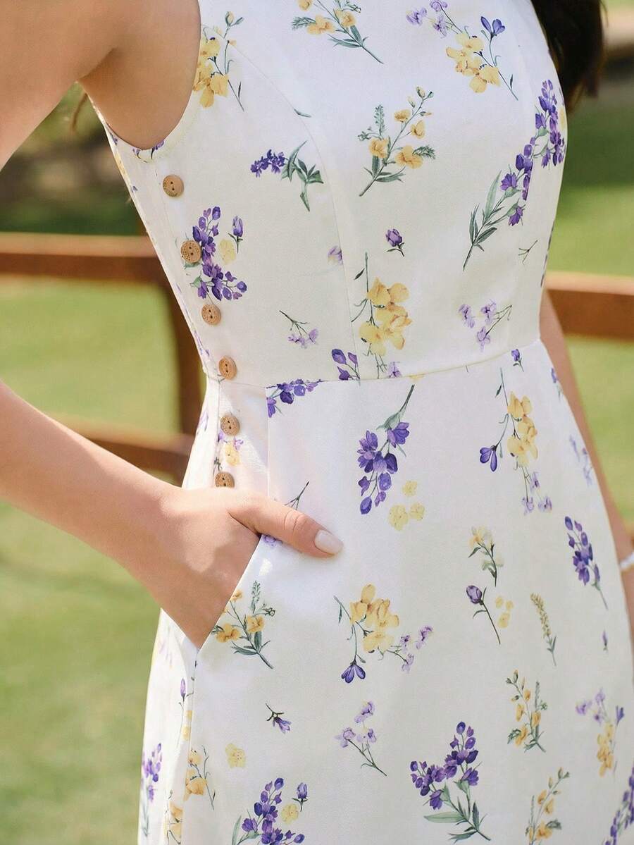 Vintamour 复古优雅女士连衣裙,带口袋,碎花纽扣装饰,休闲度假长裙,夏季连衣裙,春季服装,春季连衣裙,春季套装,节日服装,复活节连衣裙,优雅派对礼服,婚礼宾客礼服,毕业礼服,优雅度假连衣裙,度假套装,乡村风格连衣裙,白色连衣裙 - 杏色 - 查看 1