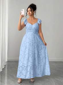 Elenzga 大码纯色镂空面料腰部荷叶边袖A字连衣裙 - 藍色 - 查看 4