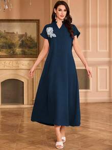 Al Najma Đầm thanh lịch cổ tàu thêu hoa tay raglan - Màu xanh hải quân - Xem 6