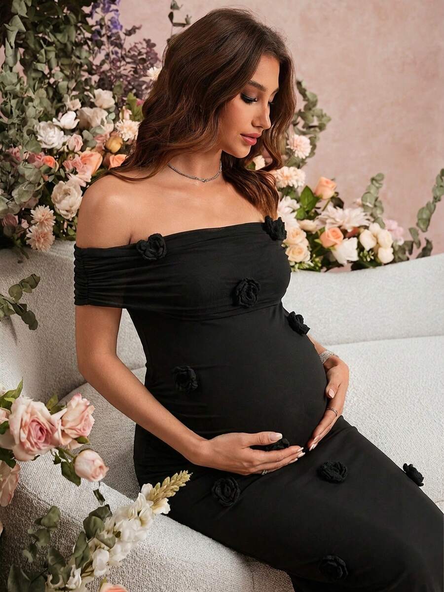 SHEIN Maternity Solid Color Off-Shoulder Fitted Fashionable Summer Dress - Black - View 1